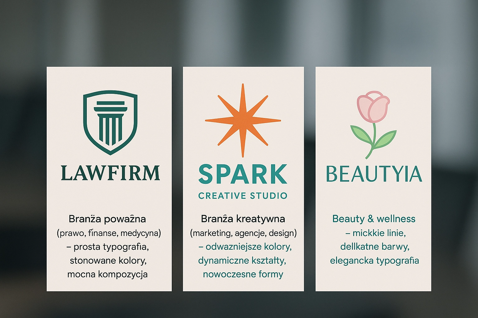 Przykłady logo dla różnych branż: kancelaria, studio kreatywne, marka beauty.