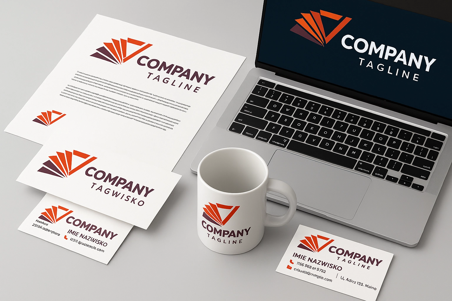 Logo firmy zaprezentowane na materiałach firmowych: wizytówkach, papierze, kubkach i stronie internetowej.