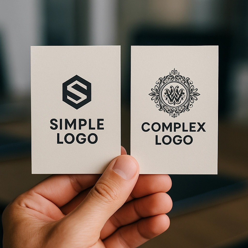 Porównanie prostego i skomplikowanego logo na wizytówkach.